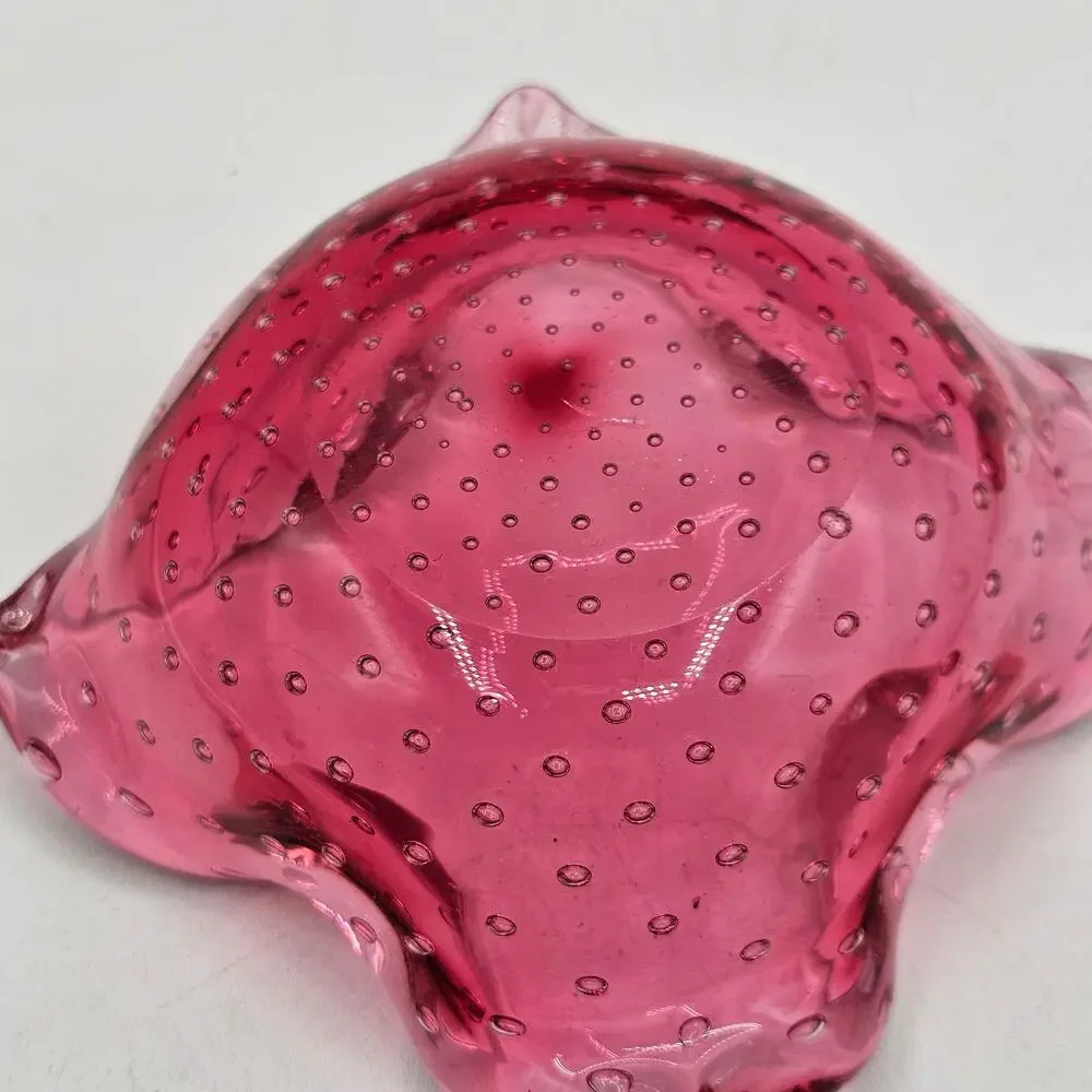 VTG Murano Cranberry Bullicante Art Glass Dish Controlled Bubble Trinket Tray